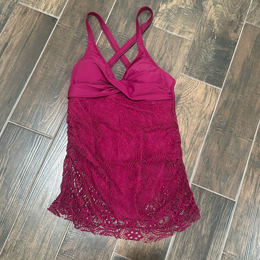 Lace covered one piece maroon bathing suit